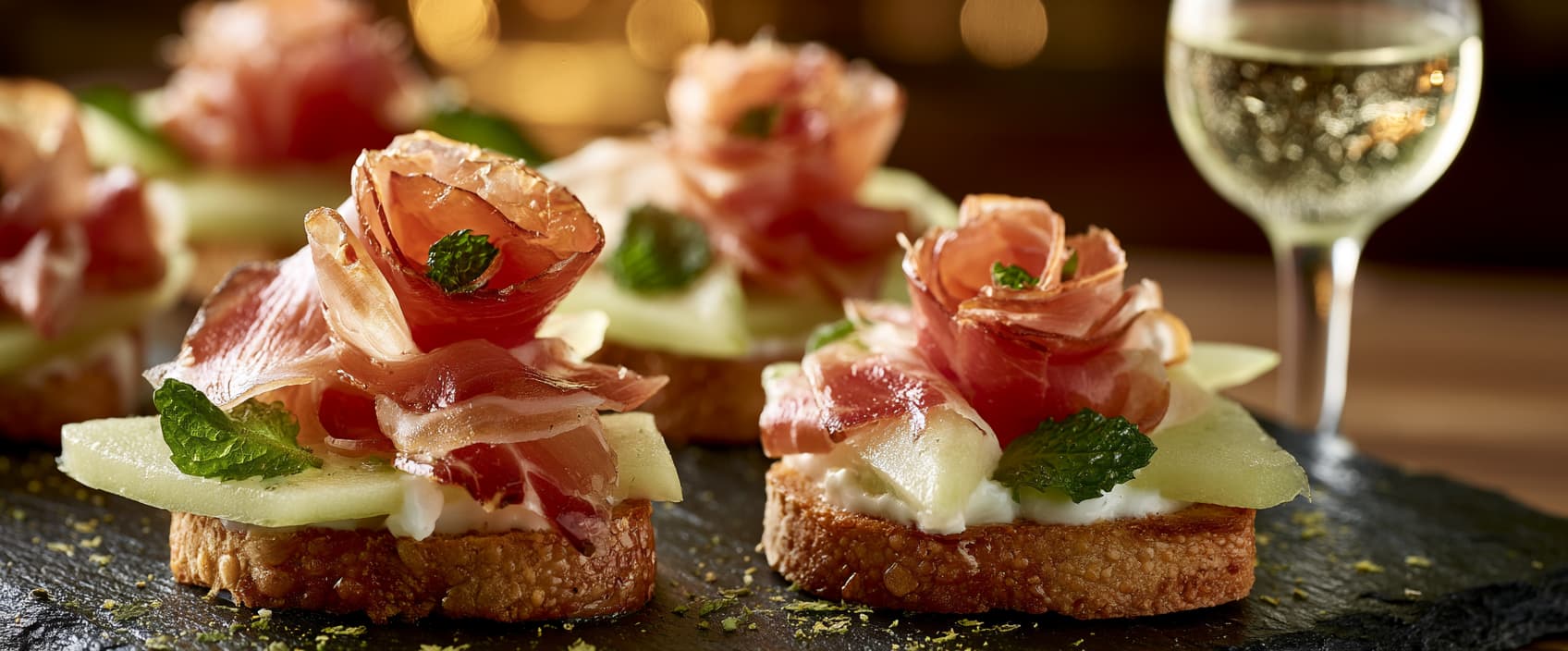 Pintxo met Ibérico ham, meloen, limoenyoghurt en munt