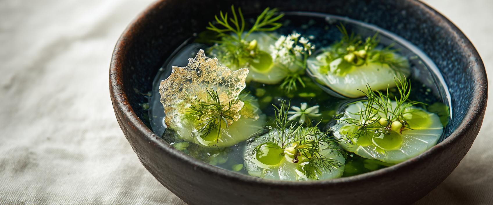 "Plastic Soep" — coquille, komkommerwater, zeekraal, dilleolie en rijstpapier