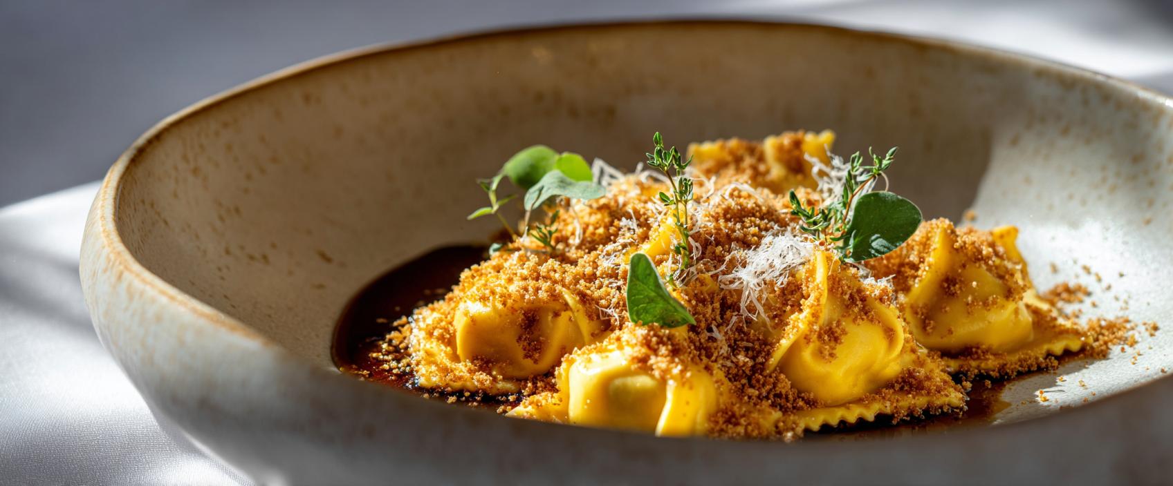 Plin met Brasato-Rund, Krenten-Jus en Hazelnoot-Crumble — Mammoliti-Stijl