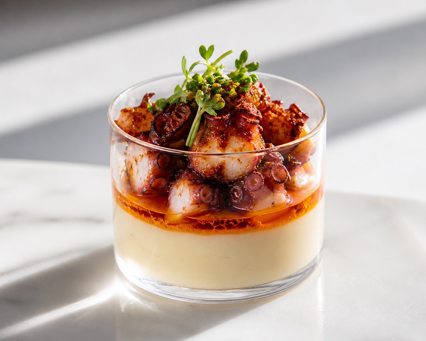 Pulpo in glaasje — gelaagde Michelin pintxo met aardappelcrème en paprika-olie