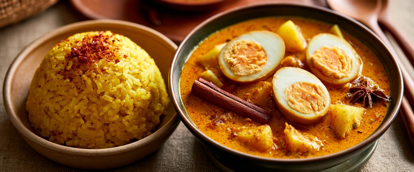 Pulut Kuning & Gulai Telur — gele kleefrijst met kruidige eiercurry