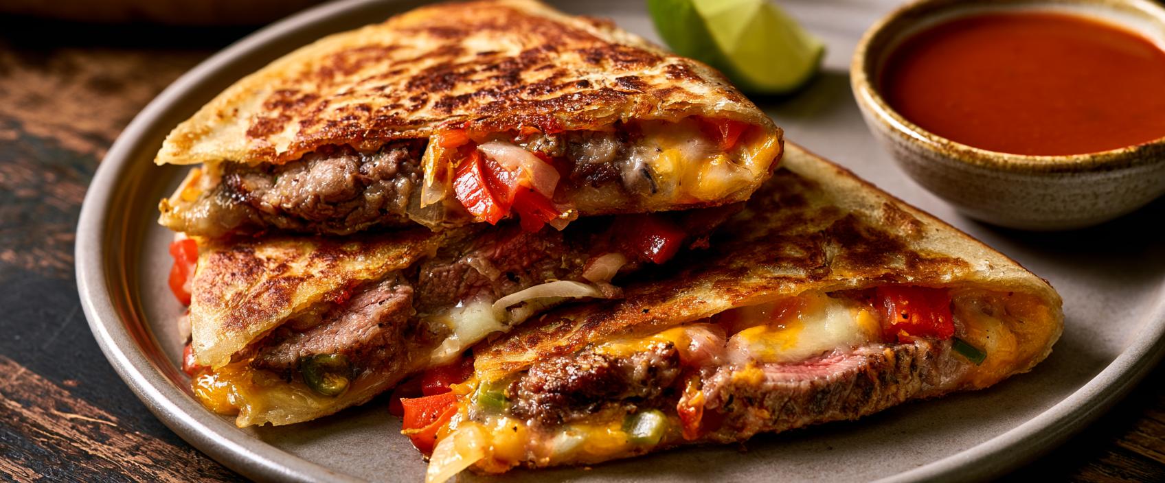 Quesadilla met ossenhaas, paprika, ui en guajillosaus