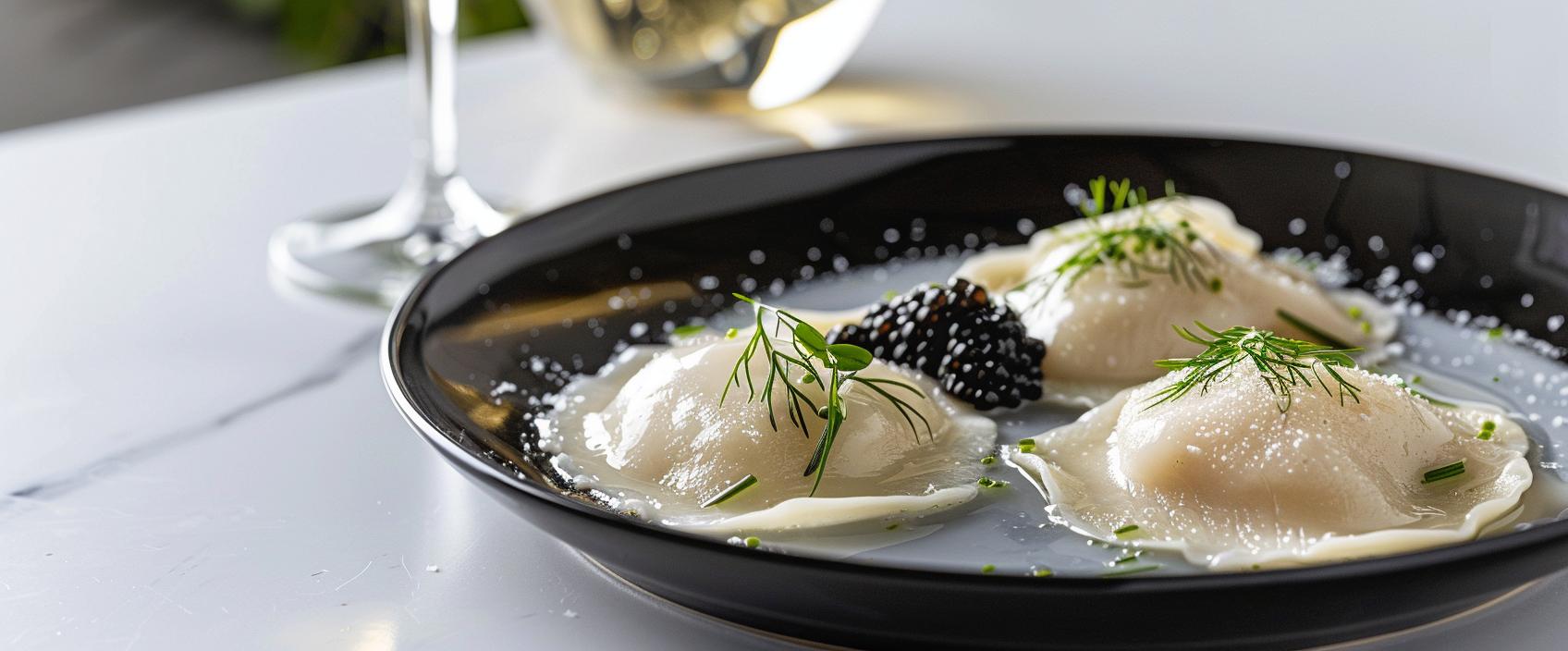 Ravioli van tarbot en spinazie met champagne-beurre blanc en Baerii-kaviaar