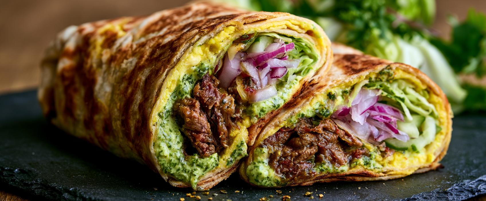 Rundvlees-tikka roll met limoen-korianderchutney & drie soorten ui