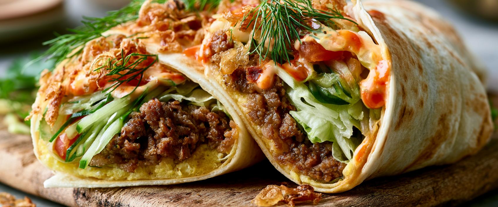 Rundvlees-wrap met ei-binding, krokante sla & paprika-chiliroom