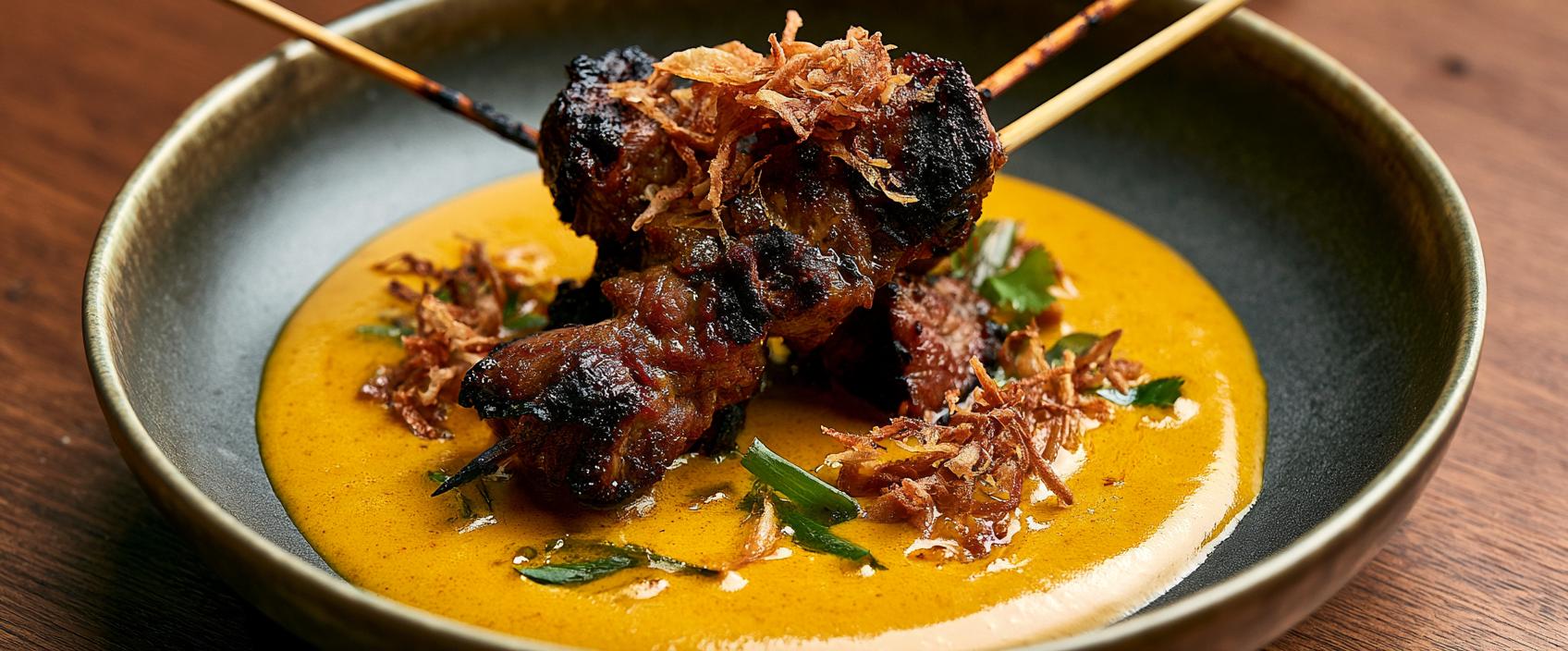 Sate Padang — rundersaté met dikke gele Minang-saus