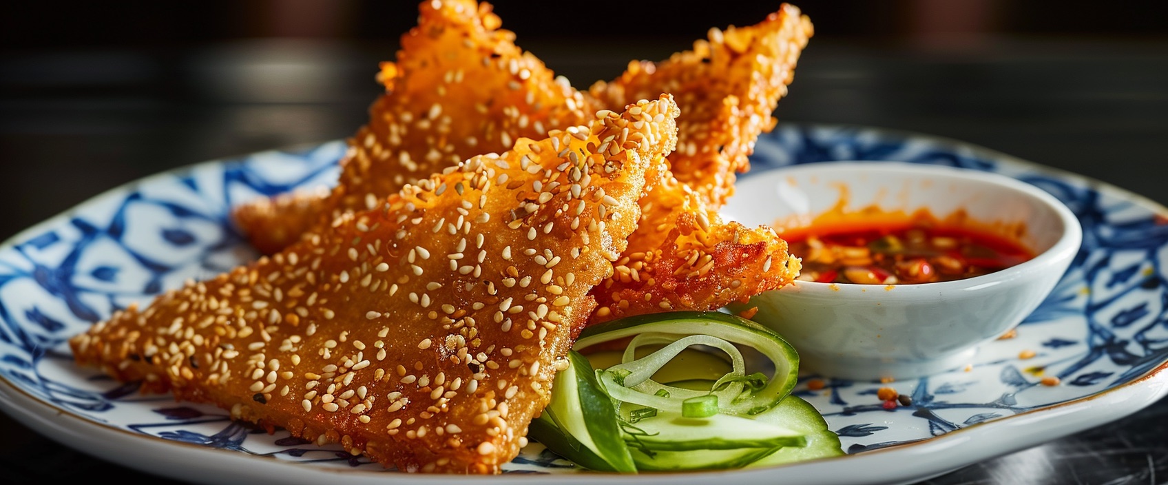 Krokante Sesam-toast met varkensgehakt en zoete chilidip