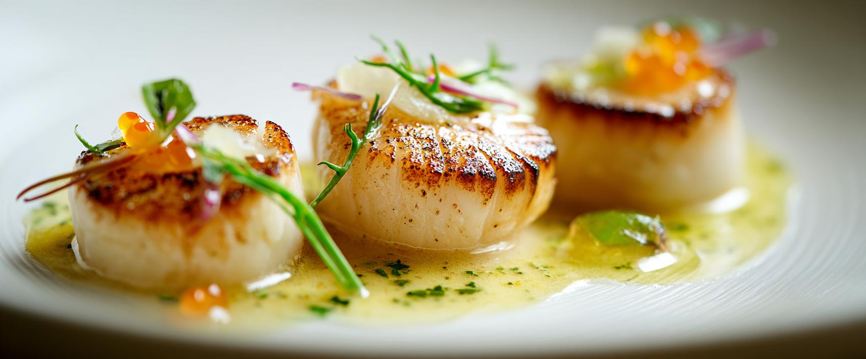 Sint-Jakobsschelpen in Geklaarde Boter met Citrus-Beurre Blanc en Zeekruidenvinaigrette — Aubergine-Stijl