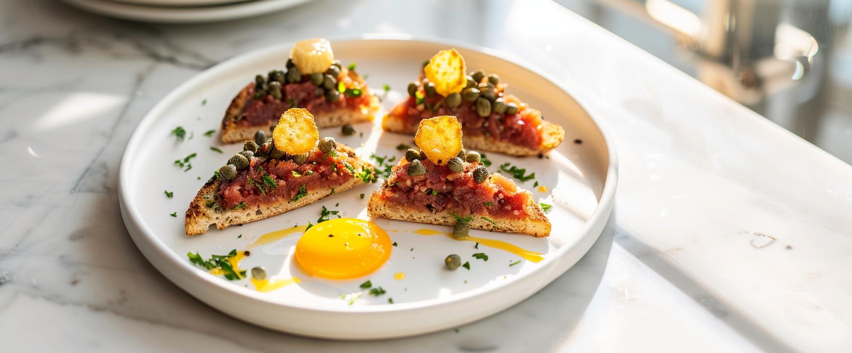 Steak tartaar op toast met eidooieremulsie en krokante kappertjes