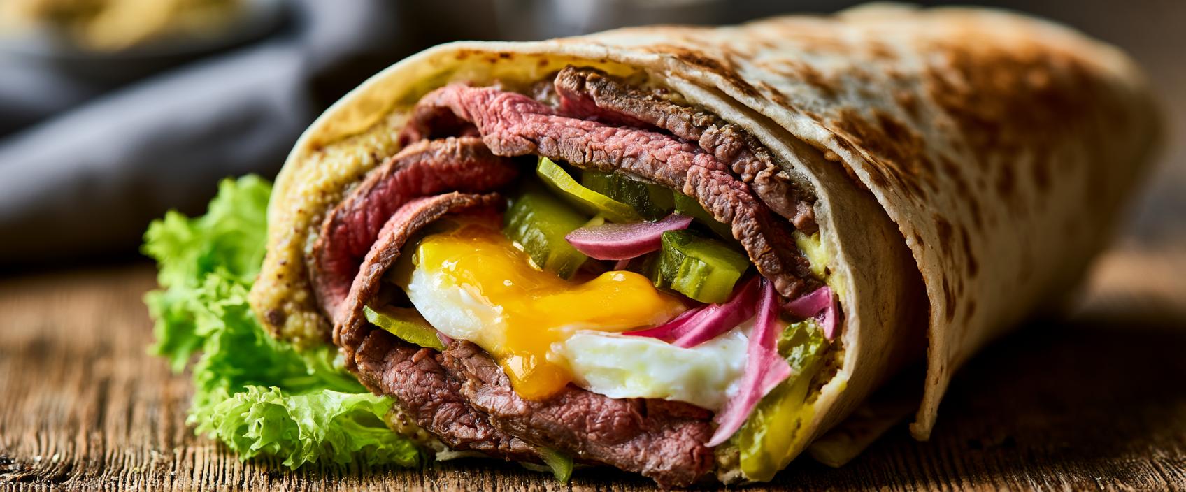 Steak-wrap met gebakken ei, gepekelde ui & mosterd-mierikswortelsaus