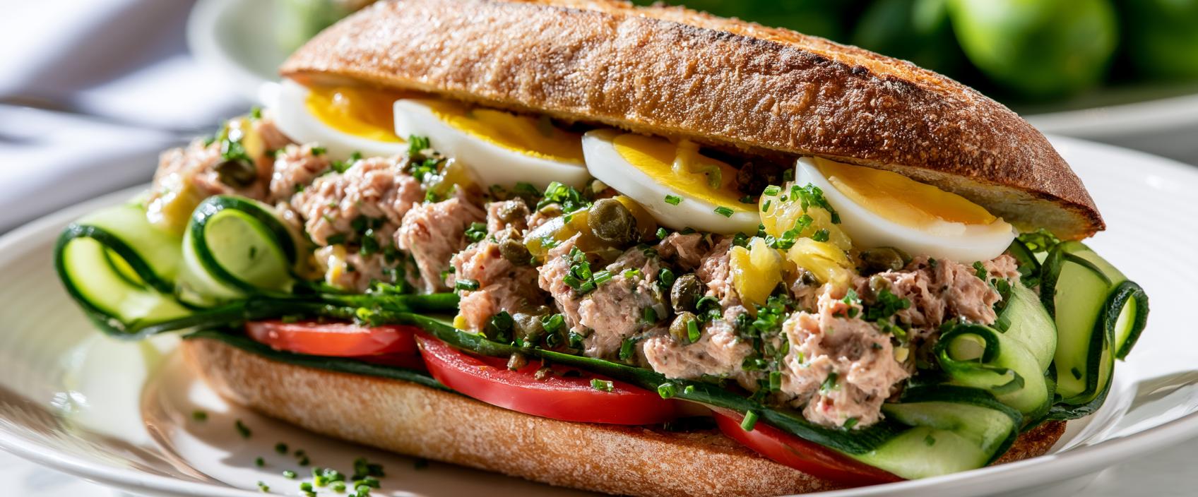 Stokbroodje tonijnsalade met komkommer, tomaat en ei