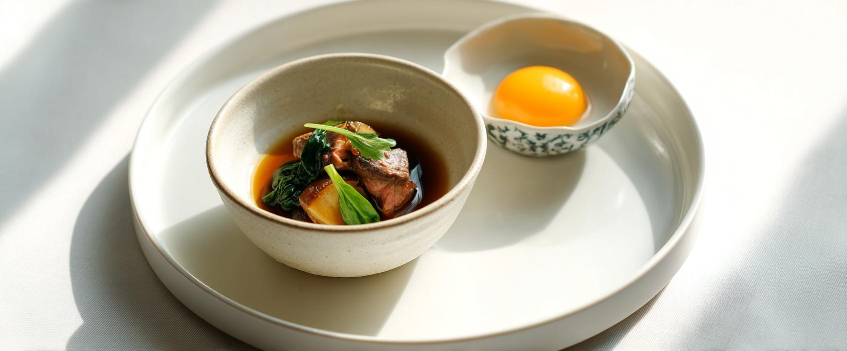 Sukiyaki — flinterdun ossenhaas in warishita met shiitake, tofu en rauw eigeel