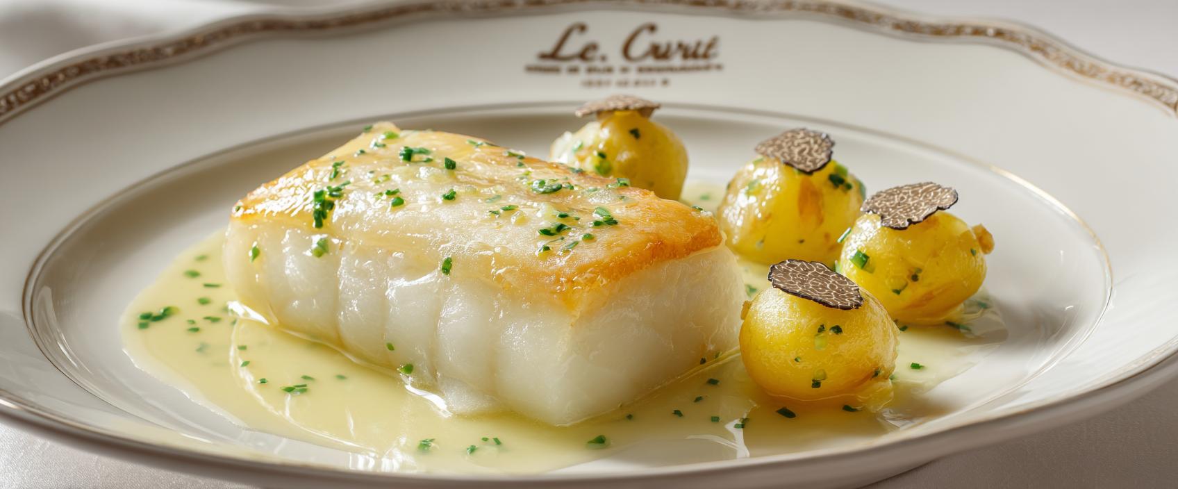 Tarbot 'Juste Braisé' met Truffel-Rattes, Geklaarde Boter en Bieslook — Le Cinq-Stijl