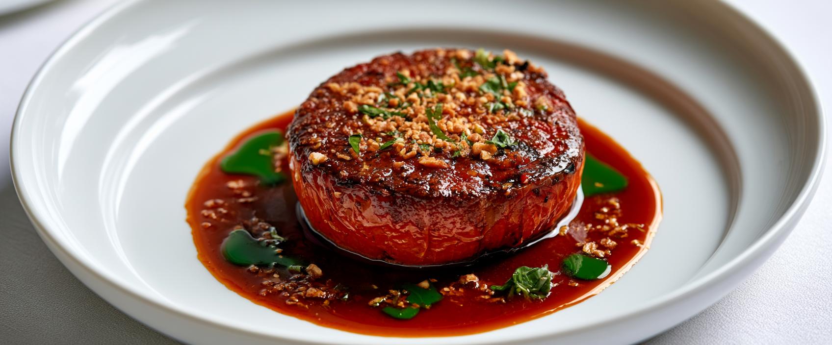 Tomaat als steak met geroosterde tomatenjus, basilicumolie en amandel