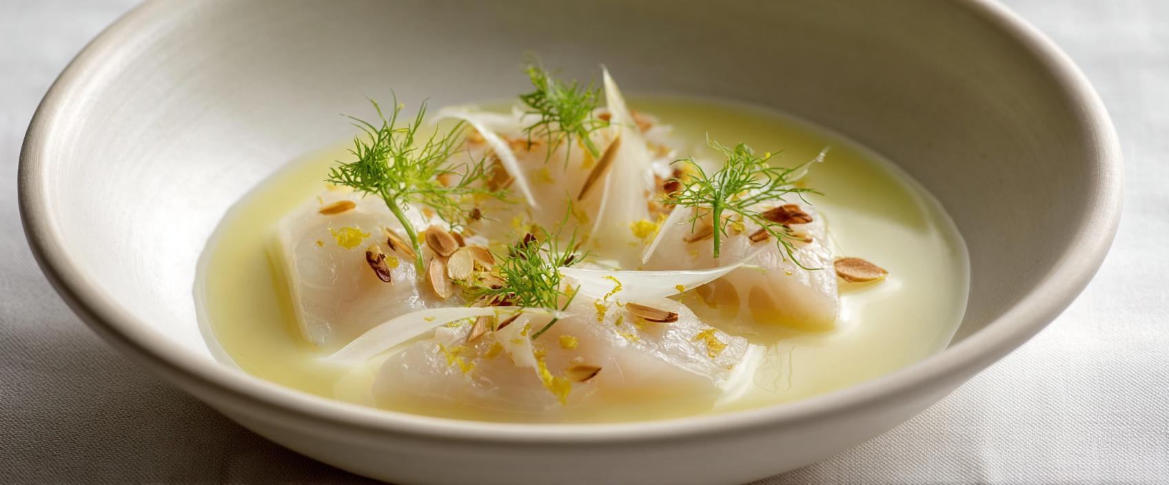 Tongfilets gestoofd in Manzanilla-melk met geroosterde amandel en venkel — Gagnaire-stijl