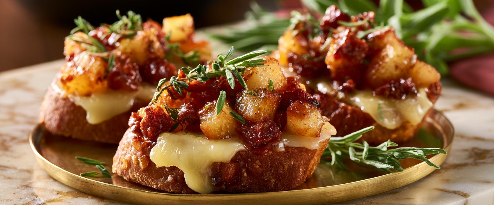 Tosta met gekarameliseerde appel, chorizo en manchego