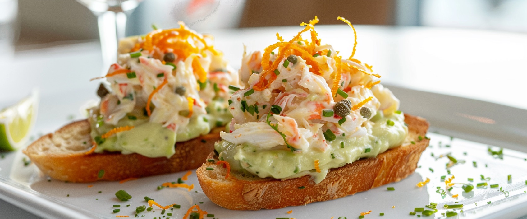 Tosta met avocadocrème en krabsalade met sinaasappel