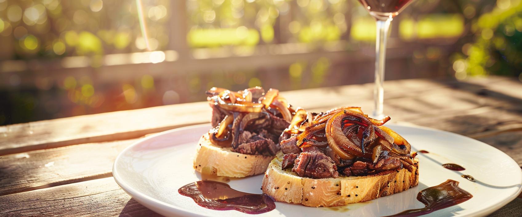 Tosta met biefstuk, champignons, gekarameliseerde ui en rode wijnjus