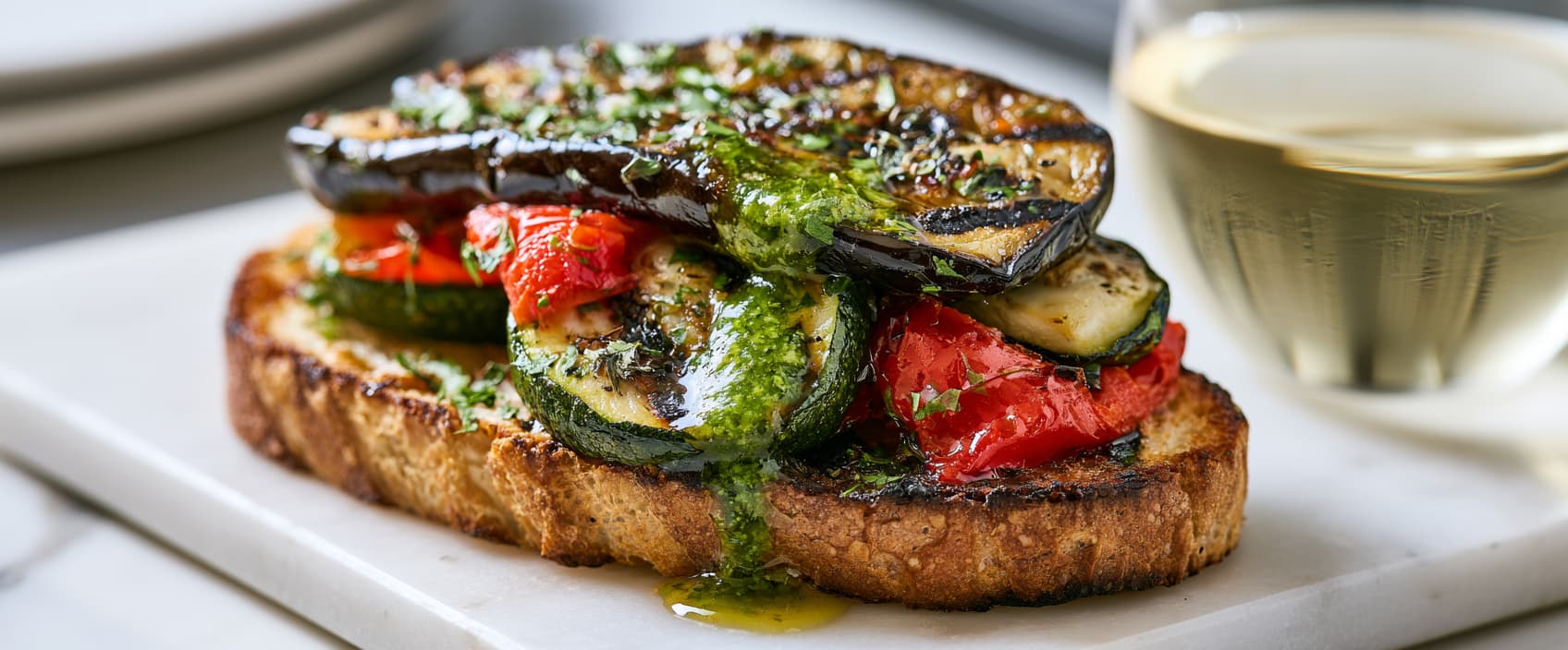 Tosta met gegrilde aubergine, courgette en paprika met koriandersaus