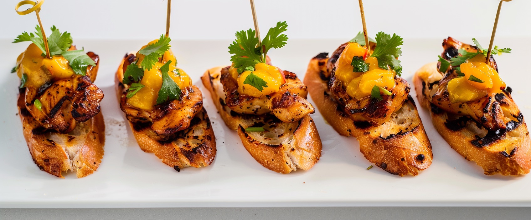 Tosta met gegrilde kip, mango-chutney en koriander