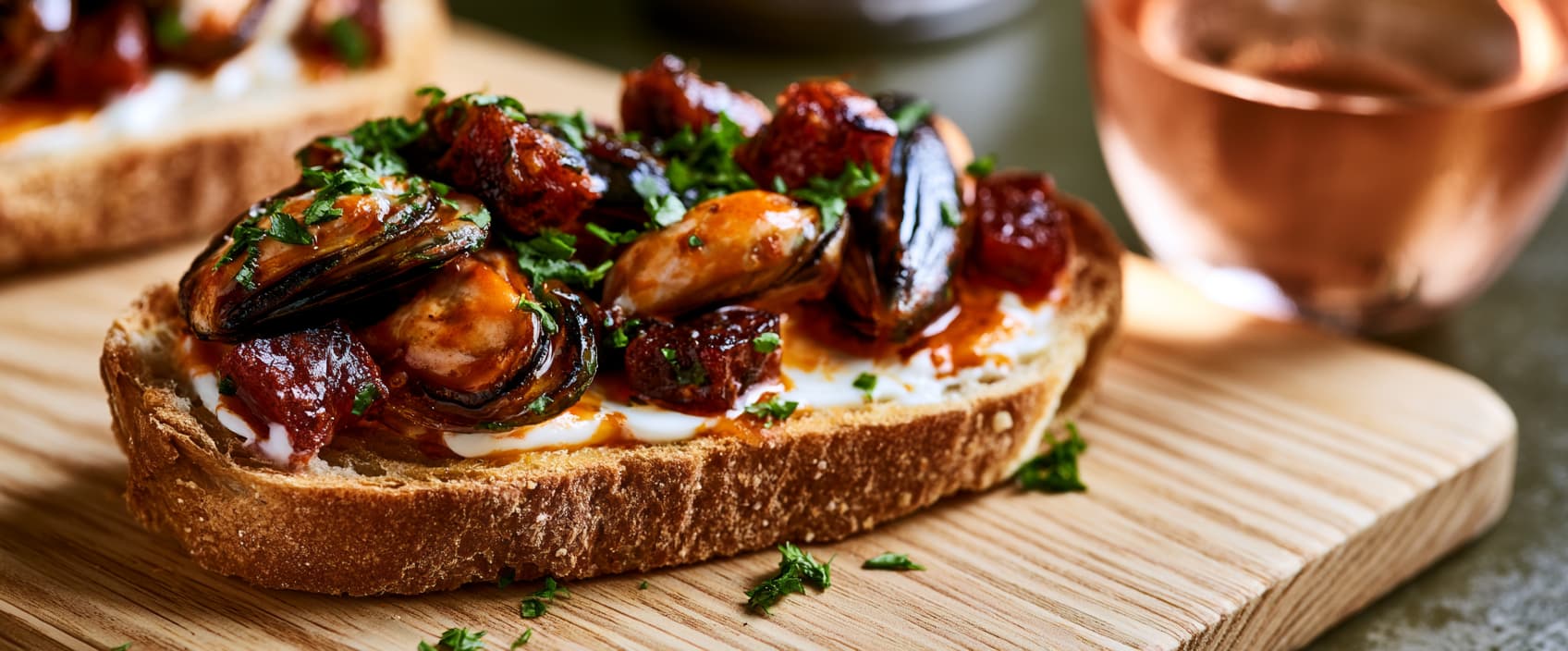 Tosta met mosselen, chorizo en paprika