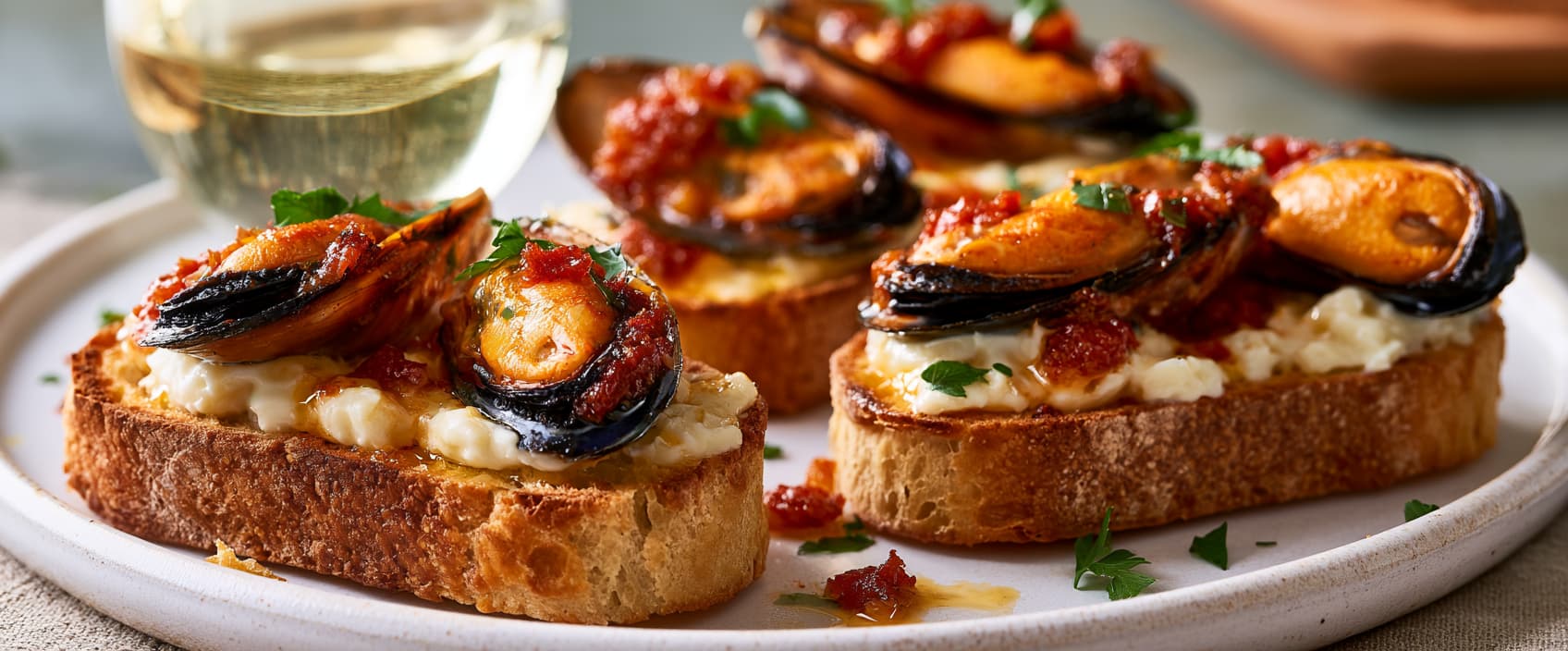 Tosta met gebakken mosselen, knoflook en pimentón