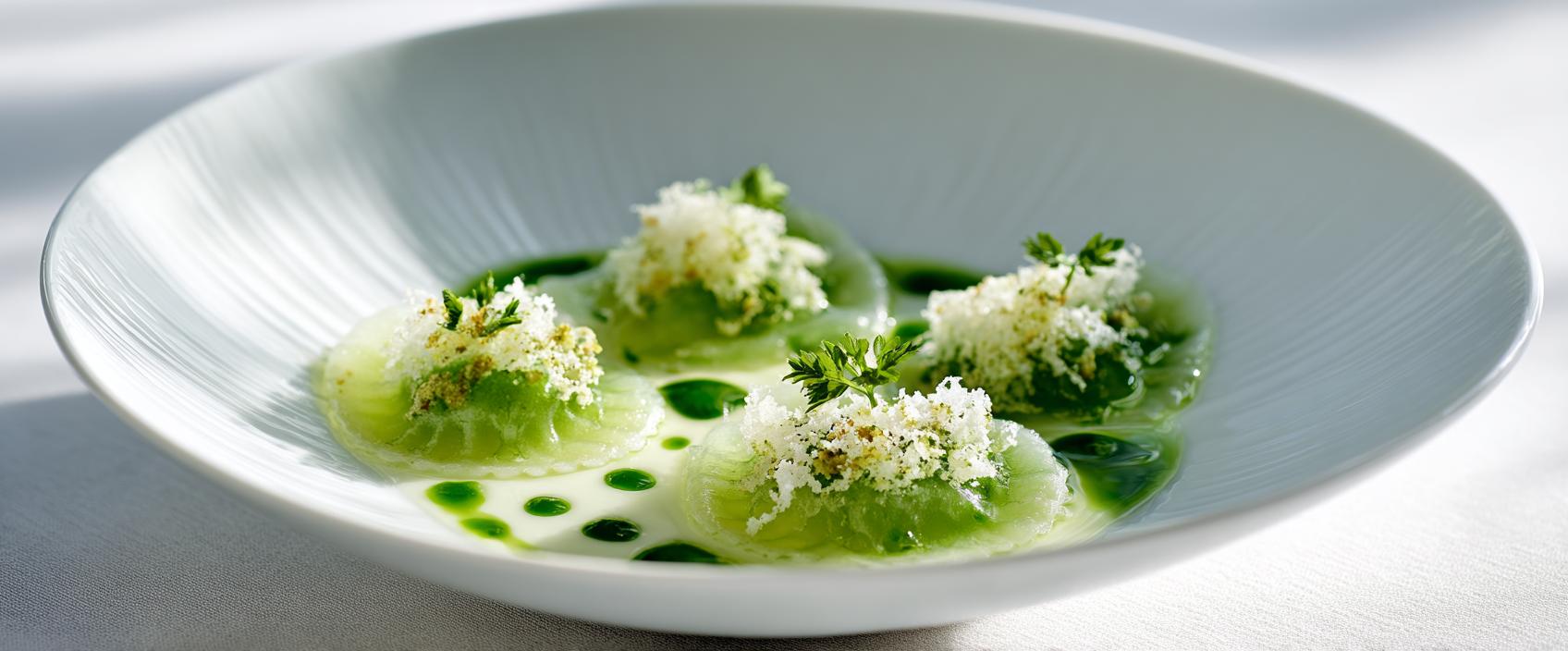 Transparante Pesto-Ravioli met Parmigiano-Saus — Disfrutar-Stijl
