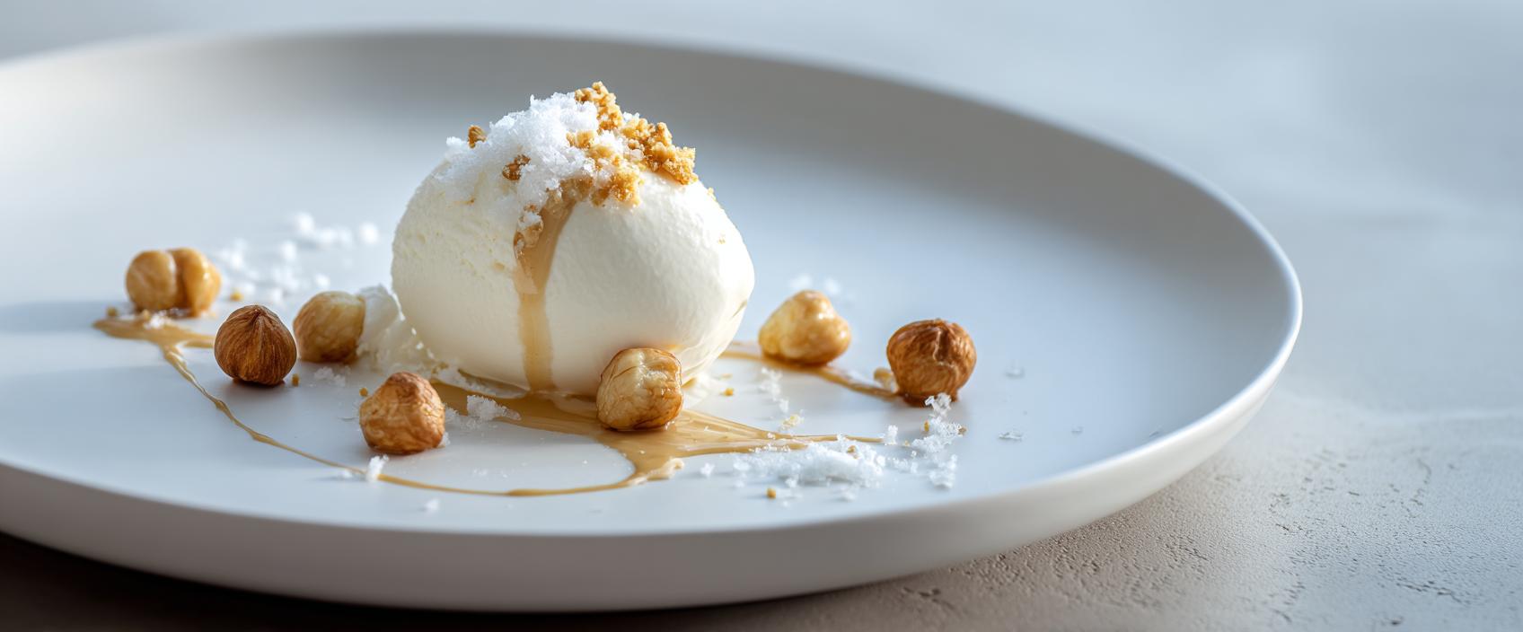 Vanille-Roomijs met Warme Beurre Noisette, Geroosterde Hazelnoot en Zeezout
