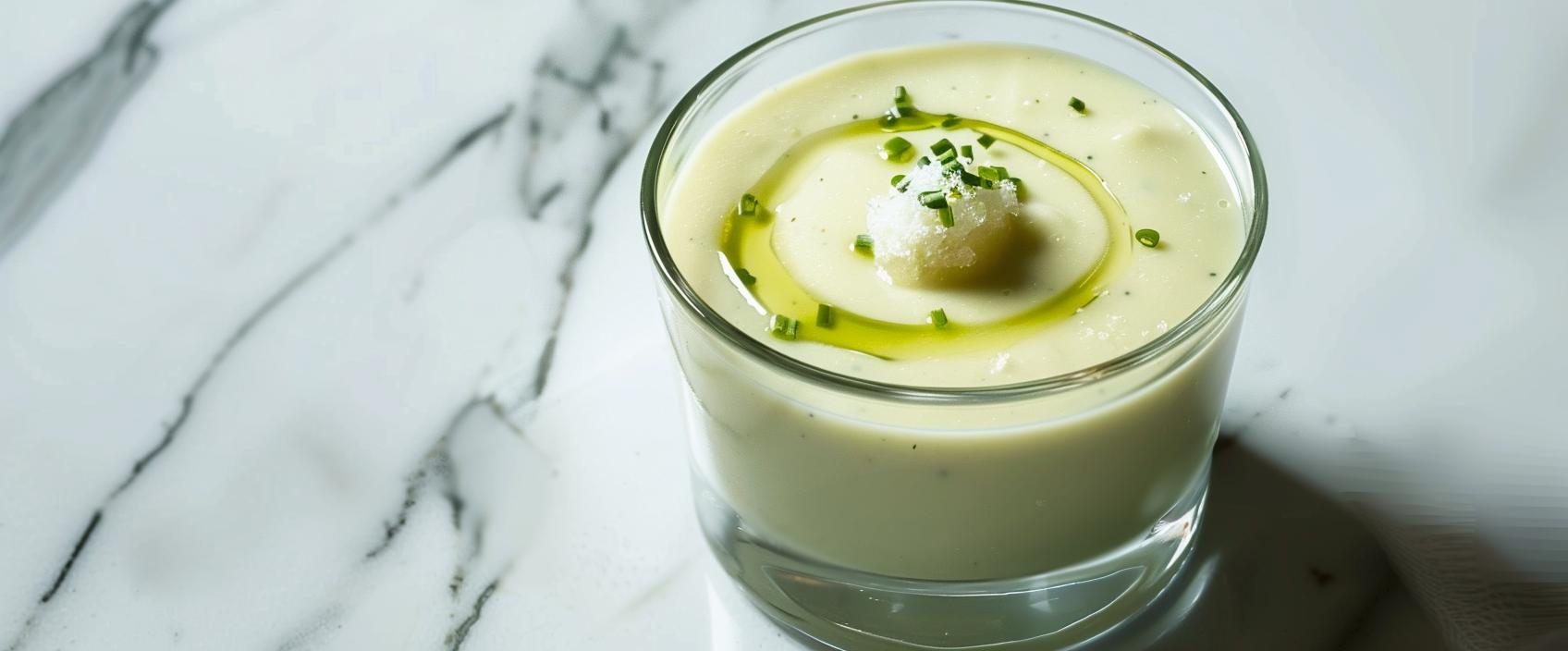 Vichyssoise met bieslookolie en gezouten roomijs