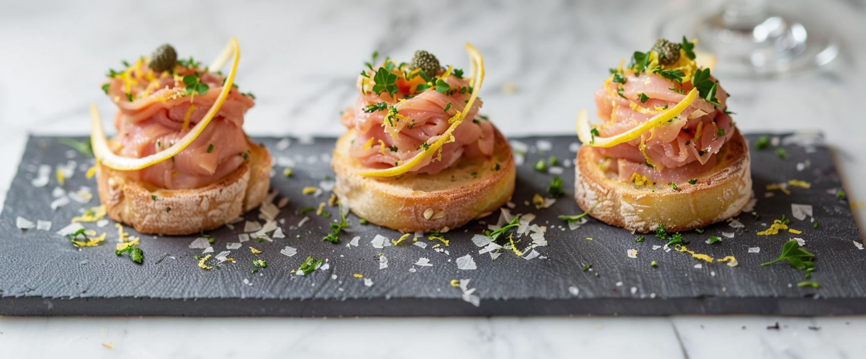Vitello Tonnato Moderno — gepocheerde kalfsfrikandeau met tonnatomousse op briochechip