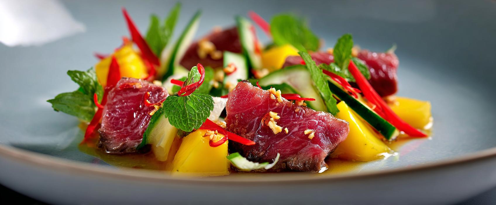 Yum Nuea — Thaise entrecôtesalade met mango, limoen en nam jim jaew